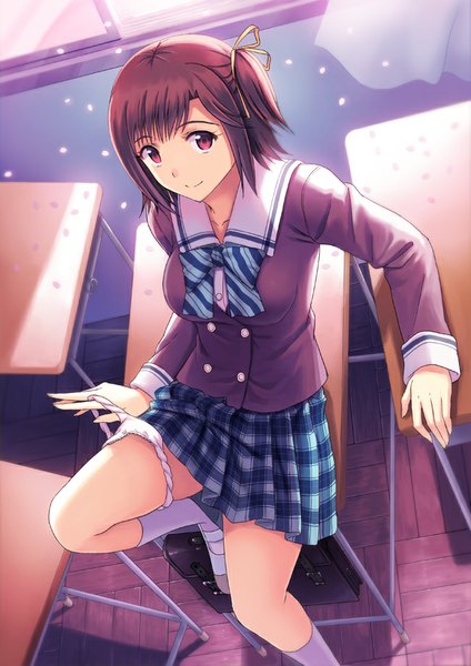 Anime picture 650x920 with original kichiroku single tall image looking at viewer fringe short hair breasts light erotic red eyes brown hair large breasts standing bent knee (knees) ponytail light smile wind shadow side ponytail plaid skirt