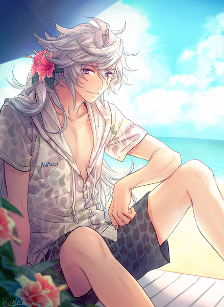 Anime picture 627x857 with fate (series) fate/grand order merlin (fate) onigiri (hfyt2533) single long hair tall image looking at viewer fringe smile hair between eyes sitting purple eyes signed sky silver hair cloud (clouds) bent knee (knees) outdoors hair flower