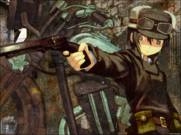 Anime picture 1152x864 with kino no tabi kino (kino no tabi) hermes short hair girl weapon hat gun motorcycle