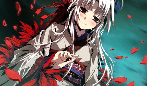 Anime picture 2048x1200 with kajiri kamui kagura g yuusuke long hair blush highres red eyes wide image game cg white hair girl