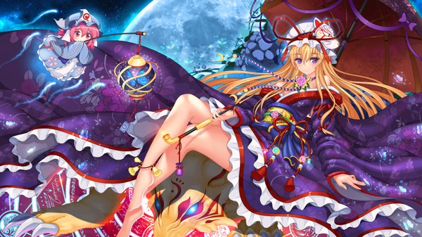 Anime picture 6920x3895 with touhou yakumo yukari saigyouji yuyuko yakumo ran yakumo ran (fox) kofboy long hair looking at viewer blush highres blonde hair wide image purple eyes pink hair absurdres pink eyes barefoot bare legs girl dress