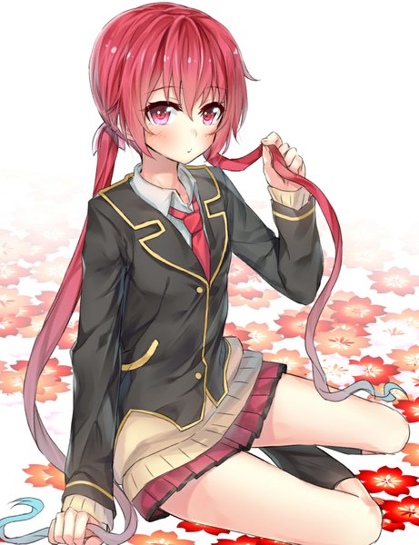 Anime picture 800x1040 with joukamachi no dandelion production ims sakurada akane hypertan single long hair tall image looking at viewer blush fringe hair between eyes sitting twintails red hair pink eyes from above low twintails girl uniform school uniform