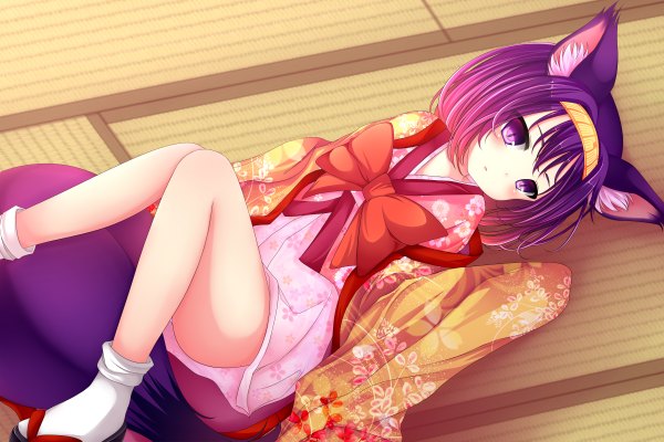 Anime picture 2400x1600 with no game no life madhouse hatsuse izuna tenfuyuyuki single blush highres short hair purple eyes animal ears looking away purple hair tail lying long sleeves traditional clothes japanese clothes animal tail fox girl animal eyes