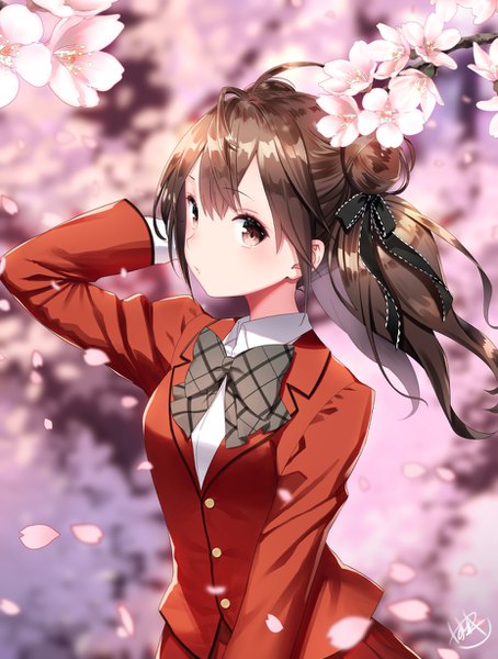 Anime picture 930x1228 with original yasuyuki single long hair tall image looking at viewer blush fringe brown hair twintails brown eyes signed payot ahoge upper body outdoors long sleeves parted lips pleated skirt wind