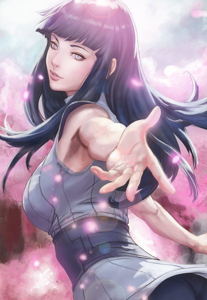 Anime picture 1329x1920 with naruto studio pierrot naruto (series) hyuuga hinata artgerm (stanley lau) caroline blineau long hair tall image breasts blue hair blunt bangs parted lips looking back light smile lips sunlight realistic armpit (armpits) alternate costume cherry blossoms