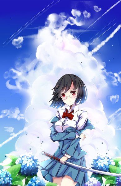 Anime picture 1300x2000 with durarara!! brains base (studio) sonohara anri eiba single tall image blush short hair breasts black hair red eyes holding looking away sky cloud (clouds) parted lips pleated skirt wind teeth tears