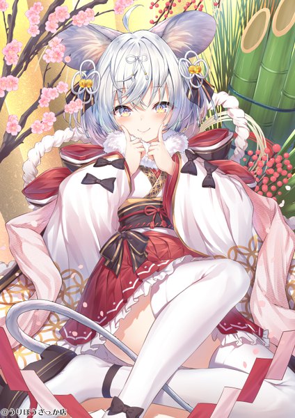 Anime picture 566x800 with original topia single tall image looking at viewer blush fringe short hair smile hair between eyes animal ears silver hair ahoge tail animal tail new year convenient leg plum blossoms mouse ears mouse tail