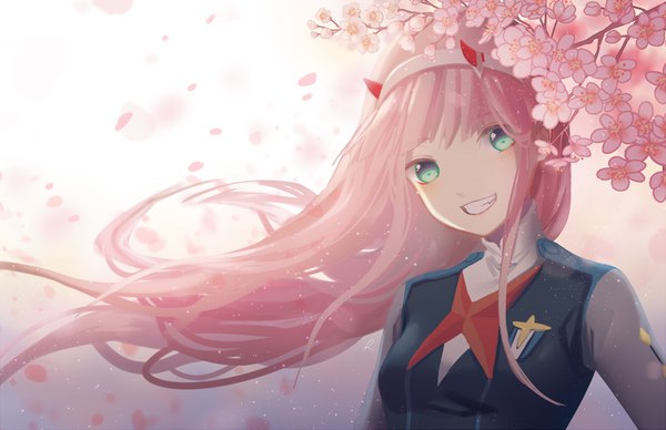 Anime picture 1158x750 with darling in the franxx studio trigger zero two (darling in the franxx) rainry single long hair looking at viewer blush fringe smile green eyes payot pink hair upper body outdoors head tilt horn (horns) wind grin cherry blossoms