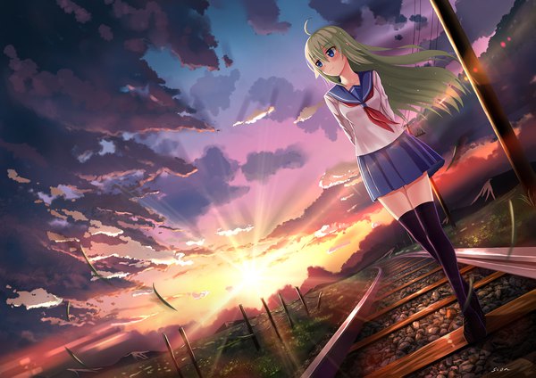 Anime-Bild 2047x1447 mit original sion005 single long hair blush fringe highres blue eyes hair between eyes standing signed looking away sky cloud (clouds) full body ahoge outdoors pleated skirt green hair light smile