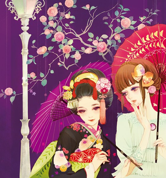Anime picture 1061x1140 with original matsuo hiromi tall image looking at viewer blush open mouth black hair purple eyes multiple girls holding brown eyes braid (braids) traditional clothes japanese clothes hair flower lipstick floral print finger to mouth eyeshadow girl