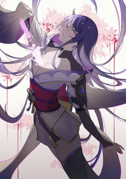 Anime picture 4960x7016 with genshin impact raiden shogun krin single tall image looking at viewer highres breasts light erotic large breasts purple eyes absurdres purple hair very long hair traditional clothes japanese clothes girl weapon sword kimono