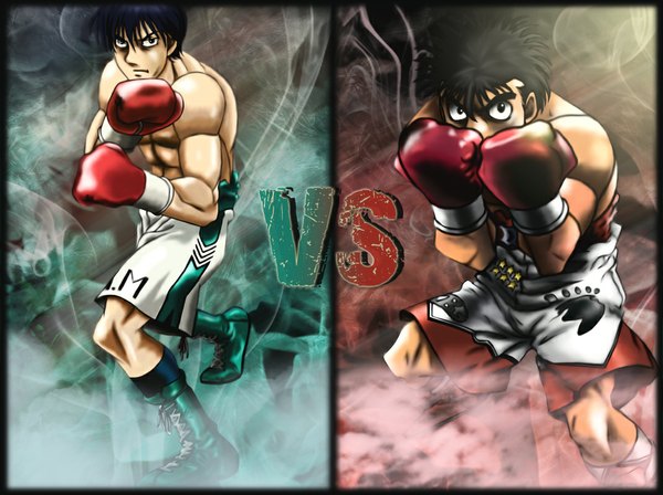 Anime picture 1070x800 with hajime no ippo makunouchi ippo ichirou miyata short hair black hair multiple boys border multiview muscle boxing boy shorts boots 2 boys boxing gloves