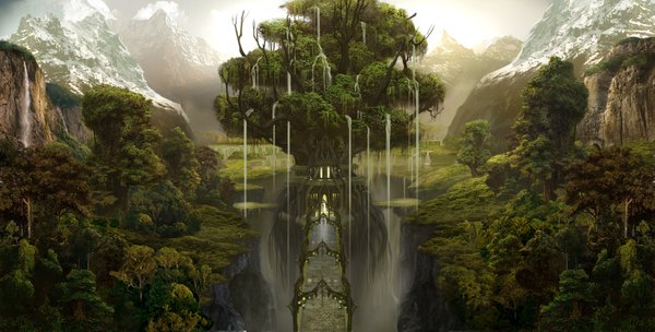 Anime picture 2000x1014 with atlantica online highres wide image mountain no people landscape waterfall plant (plants) tree (trees) water forest bridge