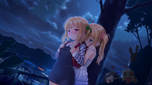 Anime picture 1920x1080 with original ifnil blush highres short hair open mouth light erotic black hair blonde hair red eyes wide image multiple girls green eyes signed looking away cloud (clouds) night dutch angle embarrassed night sky