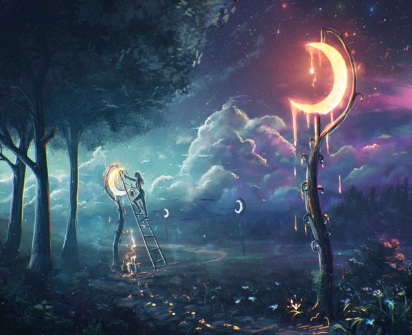 Anime picture 3500x2850 with original sylar113 long hair highres brown hair standing absurdres sky cloud (clouds) outdoors night night sky crescent footprints girl flower (flowers) insect butterfly moon star (stars)