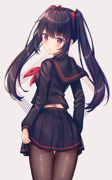 Anime picture 686x1100 with original kawami nami single long hair tall image looking at viewer blush fringe light erotic black hair simple background red eyes standing twintails payot pleated skirt looking back from behind grey background thigh gap