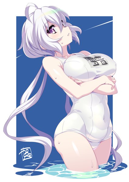 Anime picture 717x1012 with senki zesshou symphogear satelight yukine chris gummyrise single long hair tall image looking at viewer blush fringe breasts light erotic hair between eyes large breasts standing purple eyes twintails signed payot ahoge
