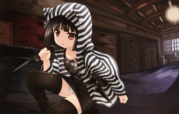 Anime picture 1100x700 with original fukube tamaki kouno hikaru single short hair light erotic black hair red eyes pantyshot girl thighhighs black thighhighs hood kunai