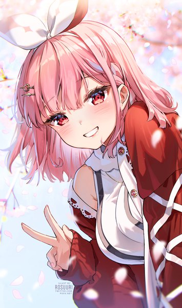 Anime picture 1000x1691 with virtual youtuber atelier live pinku (vtuber) rosuuri single tall image looking at viewer blush fringe short hair breasts smile red eyes standing pink hair upper body long sleeves fingernails off shoulder leaning