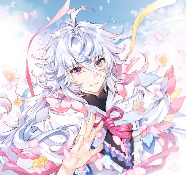 Anime picture 972x915 with fate (series) fate/grand order merlin (fate) pingo single long hair looking at viewer fringe hair between eyes purple eyes silver hair upper body ahoge from above light smile boy flower (flowers) ribbon (ribbons) petals tassel