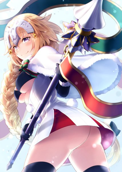 Anime picture 712x1000 with fate (series) jeanne d'arc (fate) (all) kito koruta single long hair tall image looking at viewer blush fringe breasts light erotic blonde hair smile hair between eyes standing purple eyes holding ass braid (braids) looking back
