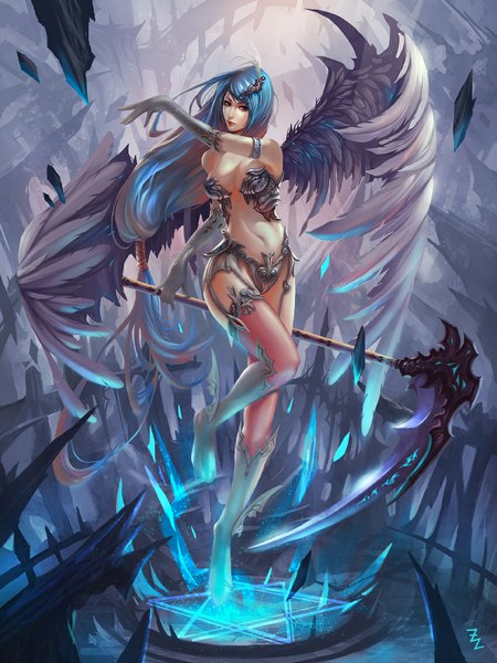 Anime picture 850x1134 with original zudarts lee single long hair tall image looking at viewer blush breasts light erotic large breasts bare shoulders blue hair cleavage lips black eyes bare belly midriff leg lift (legs lift) angel wings girl