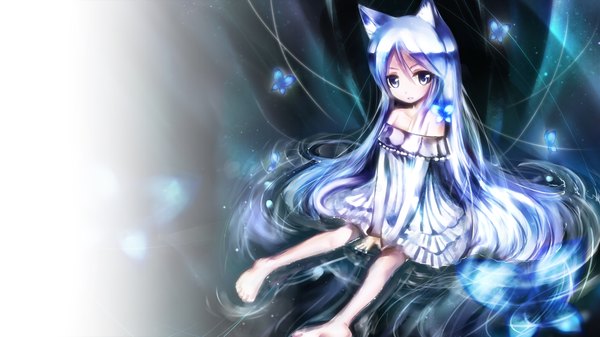 Anime picture 1920x1080 with original shino miduki single long hair looking at viewer highres blue eyes wide image sitting bare shoulders animal ears blue hair fox ears fox girl girl dress water insect butterfly