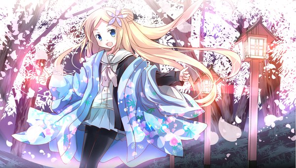 Anime picture 2205x1254 with hanayamata madhouse hana n. fontainestand risutaru single long hair looking at viewer blush highres open mouth blue eyes blonde hair wide image traditional clothes japanese clothes pleated skirt hair flower open clothes hair bun (hair buns) cherry blossoms