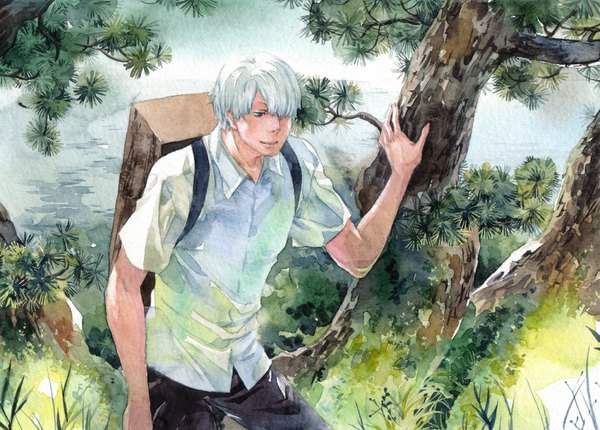 Anime picture 1000x717 with mushishi ginko chernotrav single fringe short hair smile white hair hair over one eye boy plant (plants) tree (trees) forest