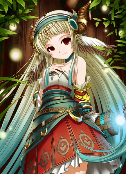 Anime picture 2480x3424 with tartaros online airito (tartaros online) rhy1356 single long hair tall image looking at viewer highres blonde hair red eyes bare shoulders animal ears very long hair horn (horns) loli girl dress detached sleeves fireflies