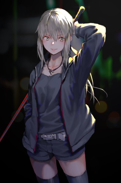 Anime picture 2143x3237 with fate (series) fate/grand order artoria pendragon (all) saber alter rolua single long hair tall image looking at viewer fringe highres blonde hair smile hair between eyes standing holding yellow eyes open jacket zettai ryouiki arm behind head