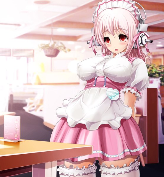 Anime picture 925x1000 with nitroplus super sonico v-mag single long hair tall image blush breasts open mouth light erotic red eyes large breasts pink hair girl thighhighs dress white thighhighs frills headphones