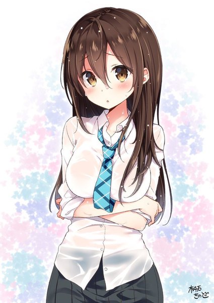 Anime picture 800x1130 with original masuishi kinoto single long hair tall image looking at viewer blush fringe breasts light erotic simple background hair between eyes brown hair large breasts white background brown eyes signed payot upper body long sleeves