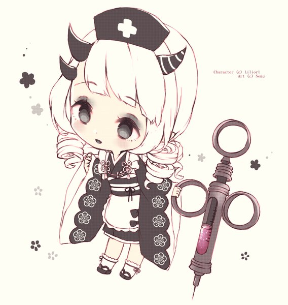 Anime picture 780x823 with original nemurou single long hair tall image blush fringe open mouth blonde hair twintails signed full body traditional clothes japanese clothes horn (horns) wide sleeves grey eyes drill hair chibi makeup