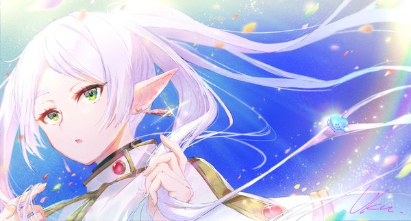 Anime picture 2080x1116 with sousou no frieren frieren ukumituki single long hair highres wide image twintails green eyes looking away upper body white hair wind pointy ears :o elf girl flower (flowers) earrings