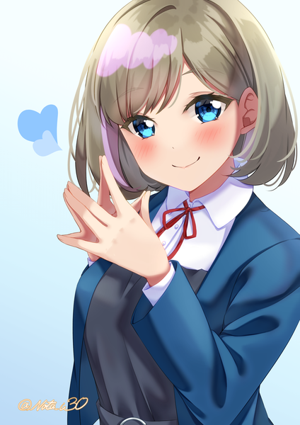 Anime picture 3541x5016 with hello!!! love live! sunrise (studio) love live! tang keke nota ika single tall image looking at viewer blush highres short hair blue eyes simple background smile brown hair signed absurdres upper body multicolored hair streaked hair