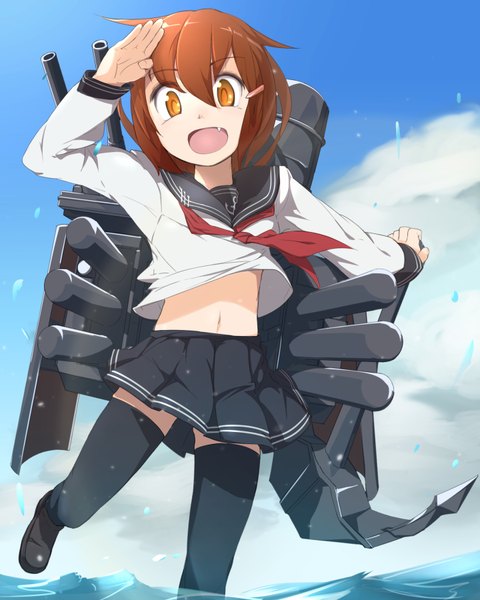 Anime picture 1440x1800 with kantai collection ikazuchi destroyer nanjin single tall image looking at viewer short hair open mouth brown hair yellow eyes sky cloud (clouds) bare belly salute girl thighhighs navel uniform hair ornament black thighhighs