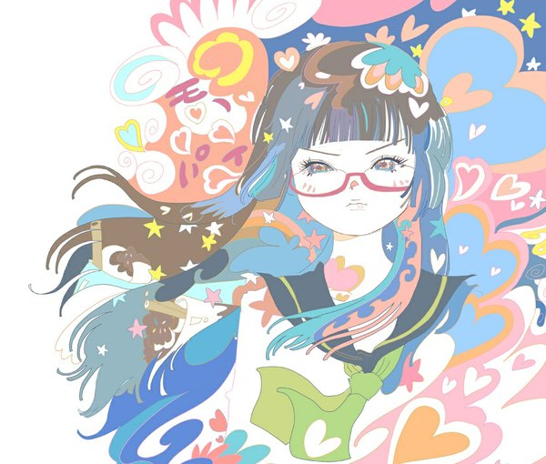 Аниме картинка 1000x850 с лихие космические пираты chiaki kurihara kazaana один (одна) длинные волосы простой фон каштановые волосы белый фон разноцветные волосы разноцветные глаза девушка форма школьная форма очки сердце (символ) звезда (символ)
