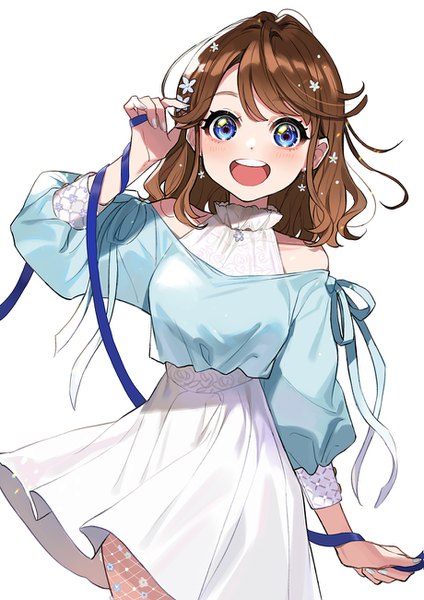Anime picture 919x1300 with original yuu (higashi no penguin) single long hair tall image looking at viewer blush fringe open mouth blue eyes simple background smile brown hair standing white background bare shoulders nail polish :d arm up hair flower