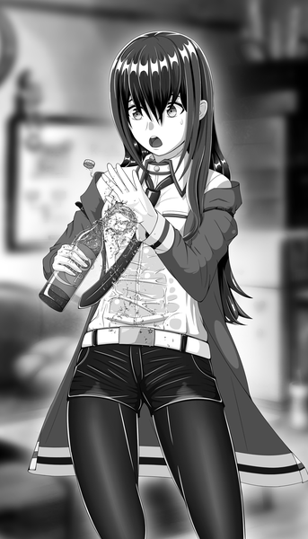 Anime picture 2737x4782 with steins;gate white fox dr pepper makise kurisu newemptyalso single long hair tall image fringe highres open mouth hair between eyes standing holding payot indoors long sleeves blurry off shoulder depth of field