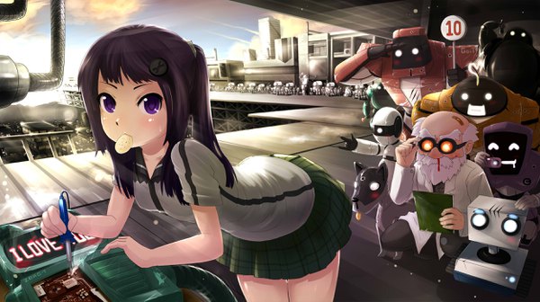 Anime picture 2500x1403 with original go-it long hair looking at viewer blush fringe highres wide image purple eyes holding sky purple hair inscription leaning leaning forward mouth hold food in mouth bleeding old man nosebleed