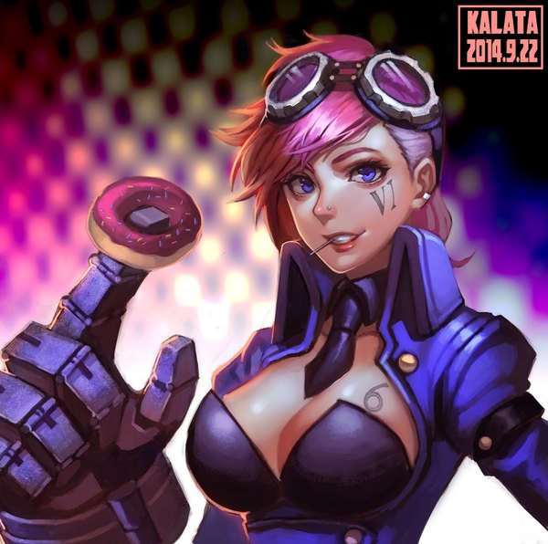 Anime picture 1500x1492 with league of legends vi (league of legends) kalata single looking at viewer fringe short hair breasts blue eyes light erotic large breasts pink hair cleavage lips tattoo piercing facial mark goggles on head girl food