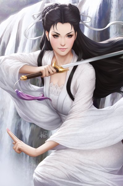 Anime picture 796x1200 with the legend of the condor heroes artgerm (stanley lau) single long hair tall image looking at viewer blue eyes black hair smile standing braid (braids) long sleeves traditional clothes realistic wide sleeves waterfall girl ribbon (ribbons) weapon hair ribbon