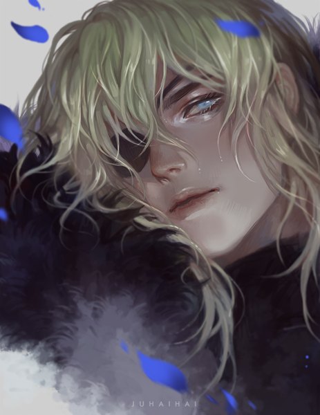 Anime picture 695x900 with fire emblem fire emblem: three houses nintendo dimitri alexandre blaiddyd juhaihai single tall image looking at viewer fringe short hair blue eyes blonde hair hair between eyes signed upper body head tilt lips realistic boy petals