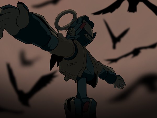 Anime picture 1600x1200 with flcl gainax canti depth of field spread arms no people flock animal bird (birds) halo robot