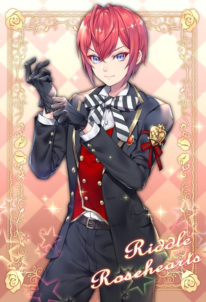 Anime picture 1300x1900 with twisted wonderland riddle rosehearts nasaniliu single tall image looking at viewer fringe short hair blue eyes smile hair between eyes red hair sparkle character names framed checkered checkered background rhombus adjusting gloves boy