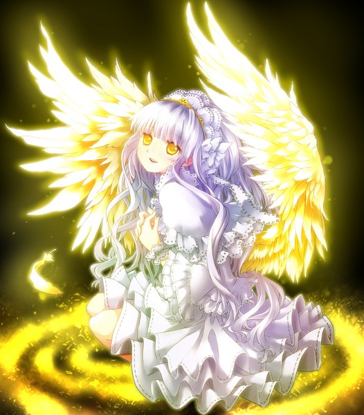 Anime picture 1588x1812 with myaaco single long hair tall image sitting yellow eyes white hair glowing happy girl dress wings feather (feathers)