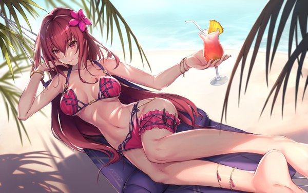 Anime picture 1406x879 with fate (series) fate/grand order scathach (fate) (all) scathach (swimsuit assassin) (fate) parfaitlate single long hair looking at viewer blush fringe breasts light erotic hair between eyes red eyes large breasts holding payot cleavage outdoors red hair