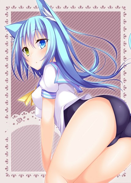 Anime picture 732x1024 with original suterii long hair tall image light erotic animal ears blue hair ass heterochromia girl swimsuit one-piece swimsuit sailor suit school swimsuit