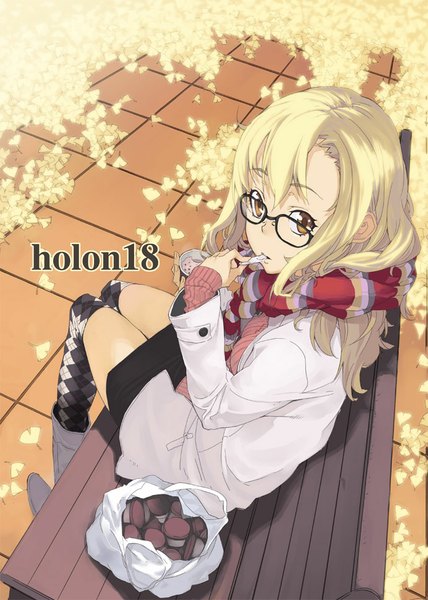 Anime picture 692x969 with original murasaki hisato single long hair tall image looking at viewer fringe open mouth blonde hair sitting holding brown eyes bent knee (knees) from above inscription open jacket zettai ryouiki girl thighhighs skirt